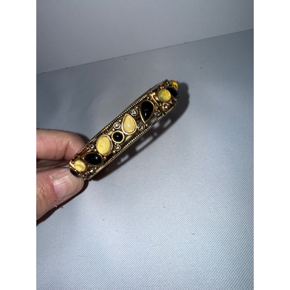 Lia Sophia Yellow Black Cabochon Gold Tone Hinged Bangle Bracelet Vintage Style
